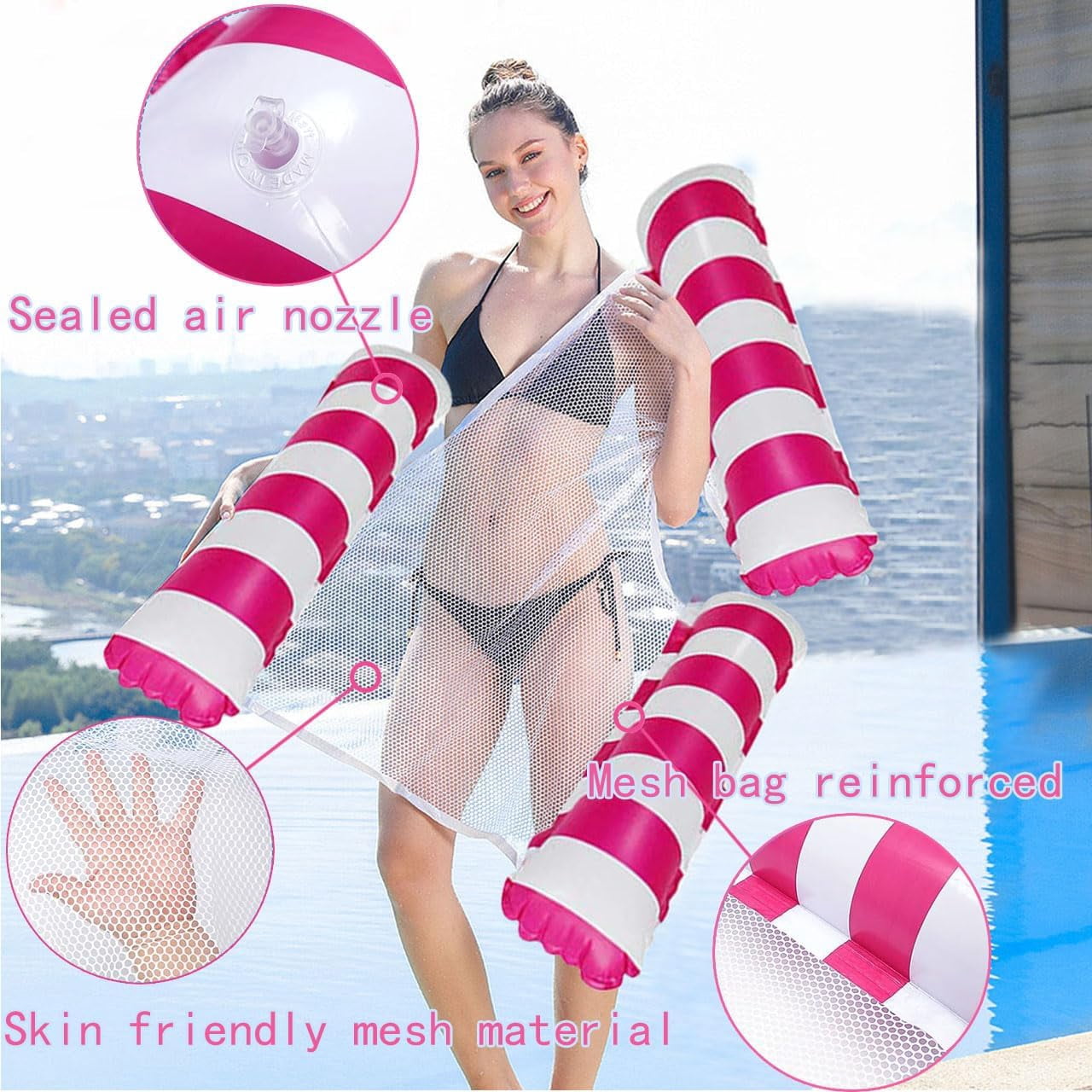 2 Pack Swimming Pool Inflatable Pool Floats Portable Floating Chair Bed for Travel 4-in-1 Pool Hammock with Bottom Mesh 3 Tubes Inflatable Hammock for Adults,