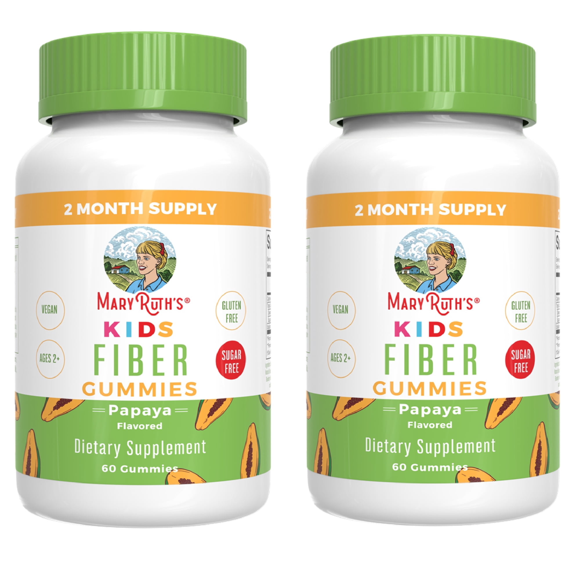 (2 pack) MaryRuth's Fiber Gummies for Kids Papaya Flavor Vegan Digestive Health Gluten-Free 60 Count
