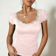 thumbnail image 2 of Women Y2k Lace Trim Tops Solid Color Square Neck Button Down Slim Fit Blouses Short Sleeve Fashion T-Shirts, 2 of 6