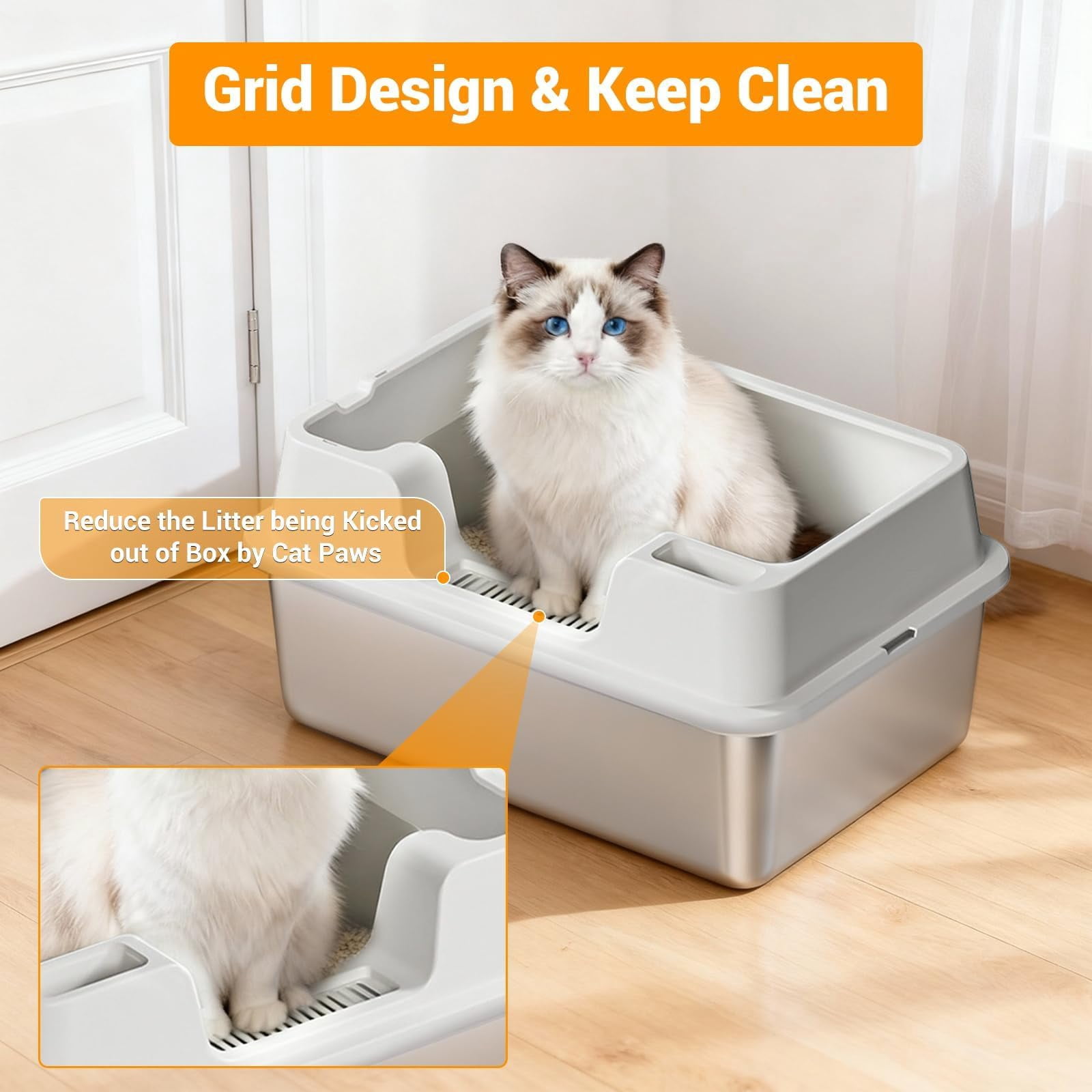 Stainless Steel Litter Box, XL Enclosed Cat Litter Boxes with Lid for Big Cats and Multi-Cats, High Sided, Anti-Urine Leakage Non-Stick Bottom Include Scoop Easy to Clean,White