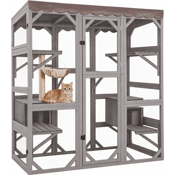 Aivituvin 70" Large Catio Outdoor Cat Enclosure, Window Catio Wooden Cat House Walk-in Cat Cage with 7 Platforms, Scratch Post, Hammock for 2-6 Cats