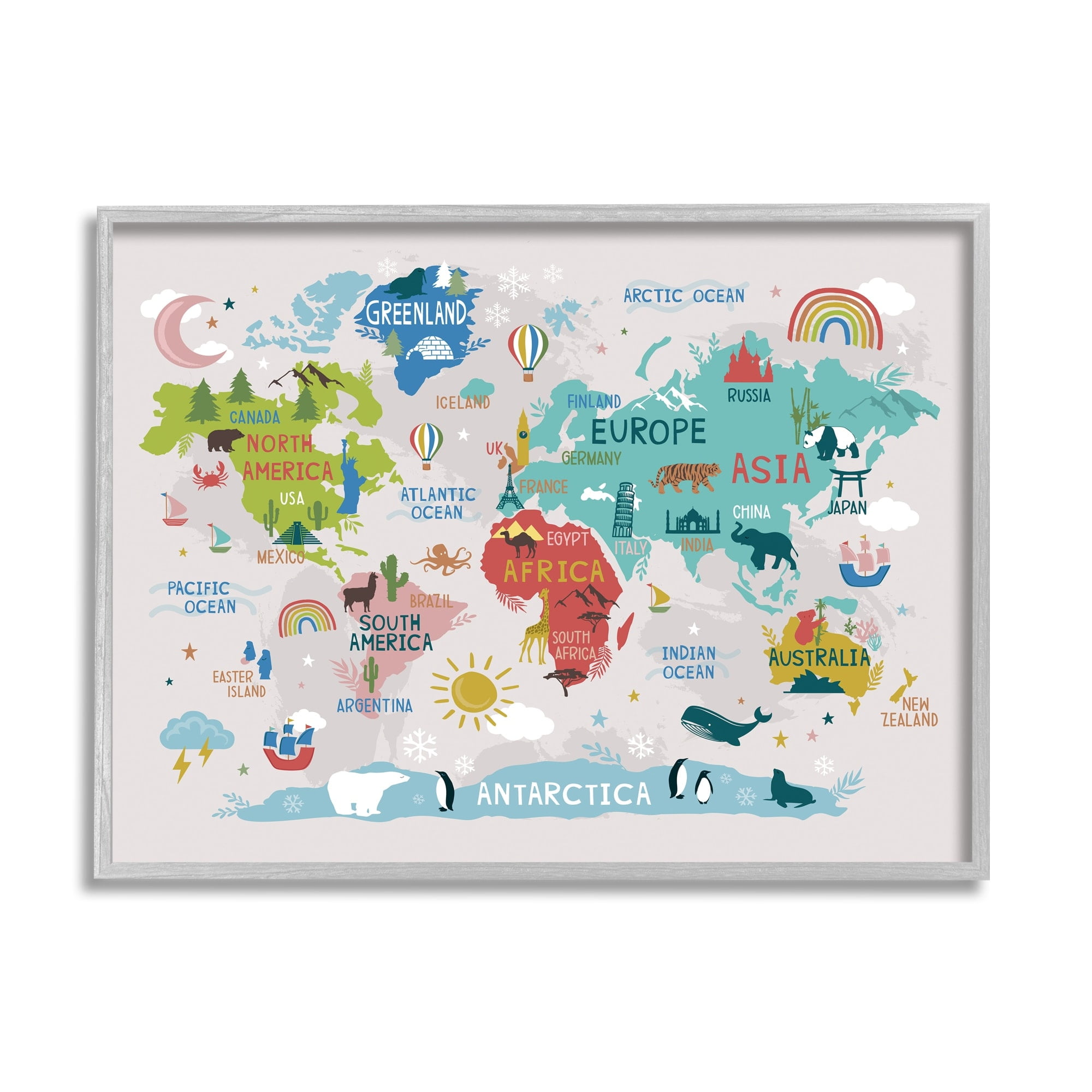Stupell Industries Native Animals World Map Educational Wildlife Atlas Graphic Art Gray Framed Art Print Wall Art, Design by Lisa Whitebutton