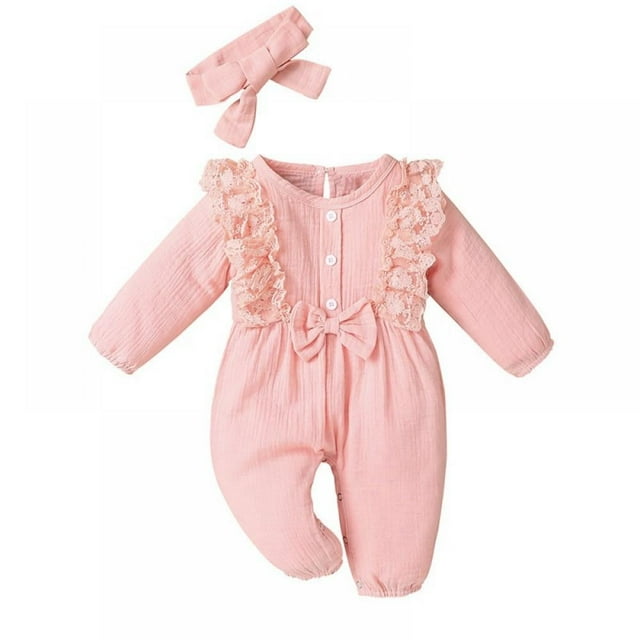 Baby Girl Ruffle Bow Long-sleeve One-piece Romper Cotton Bodysuit Headband Outfits