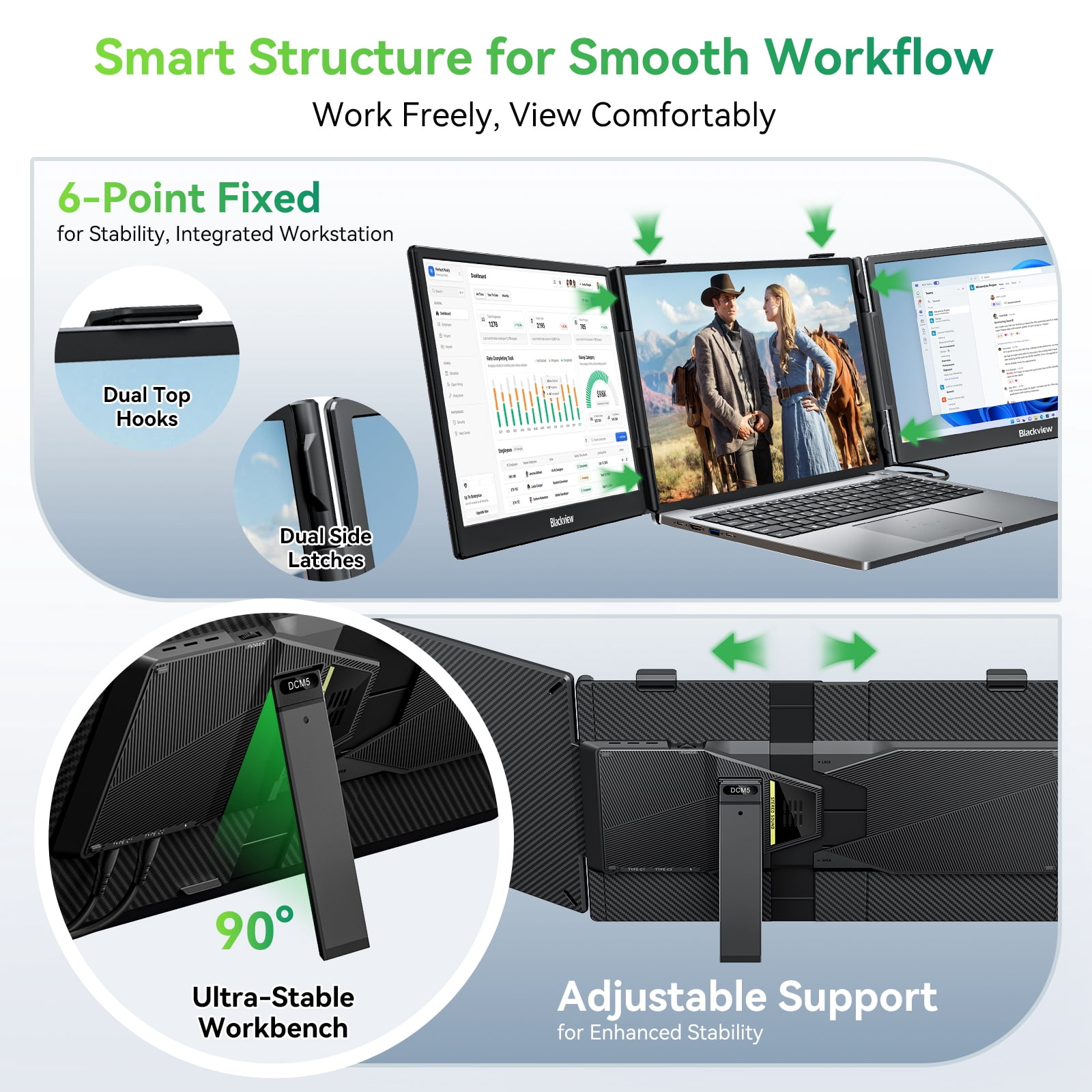 Blackview Laptop Screen Extender, 14" 1080P FHD IPS Triple Portable Monitor, Ultra-Slim Travel Dual Monitor Fit for 13"-17.3" Laptops, USB-C Plug&Play Extended Screen for Windows/Mac/Android/Switch