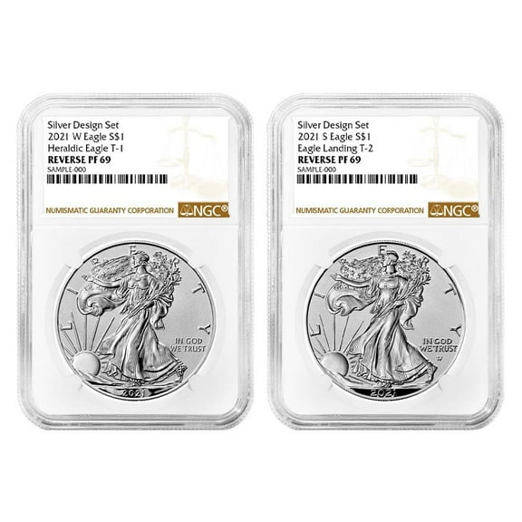 2021 Reverse Proof American Silver Eagle Designer 2pc Set NGC PF69 Brown Label