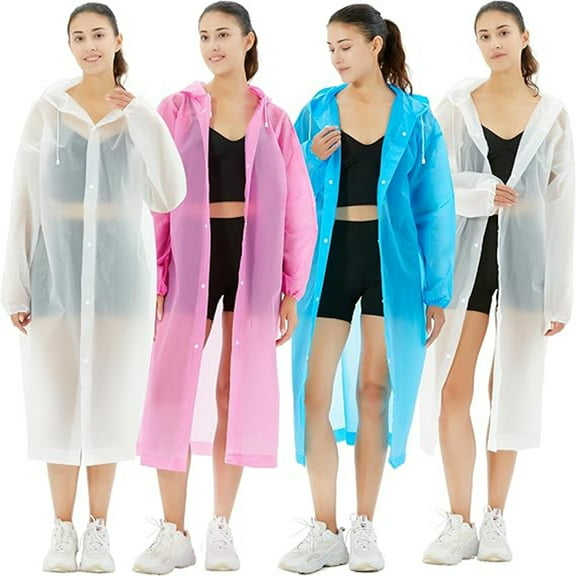 Reusable Ponchos for Adults - Waterproof Rain Poncho with Drawstring Hood (Pack of 4) - Lightweight, Compact for Travel, Hiking, Camping, Festivals