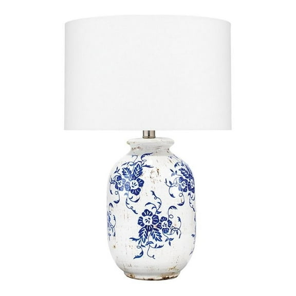 Eden Home Ceramic and Cotton Table Lamp in White/Blue Patterned