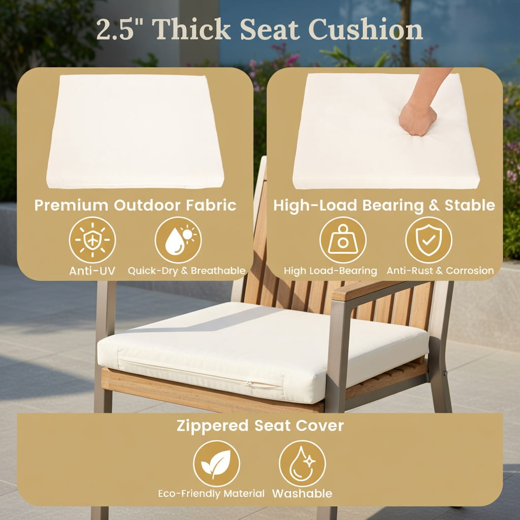Hommoo 2-Piece PE Rattan Outdoor Dining Chair Set with Removable Cushions & Natural Acacia Wood Armrests, Weather-Resistant Patio Seating for Backyard, Deck or Garden, White