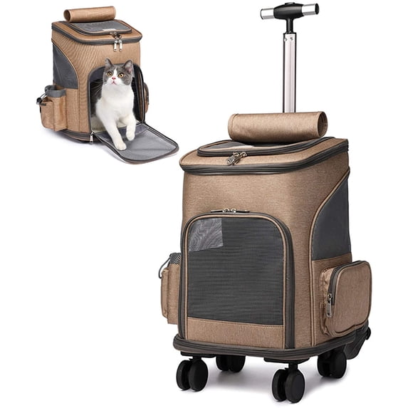 Wheeled Pet Carrier Backpack Pet Stroller, Travel Carrier, Car Seat for Dogs Cats Puppy, Comfort Cat(Brown) Backpack Removable Rolling Wheels–Mesh Ventilation Windows