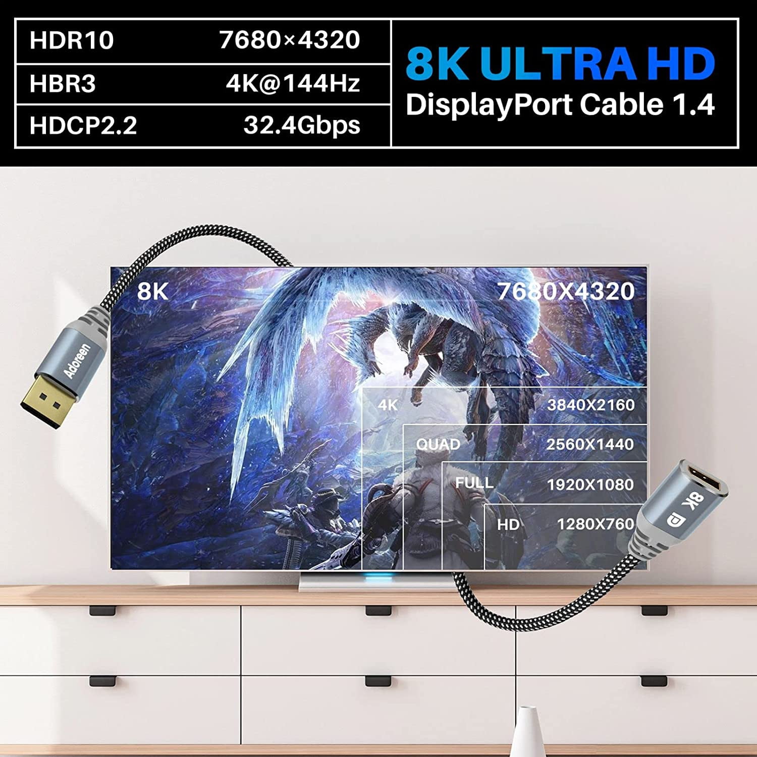 JJEAN-8K DisplayPort Extension Cable 1 Feet/2 Pack, Braided DP to DP Extended 1.4 Cord (from 0.6-25ft) Male to Female (8K@60Hz 4K@144Hz 2K@240Hz) Extender Display Port with 5 Ties
