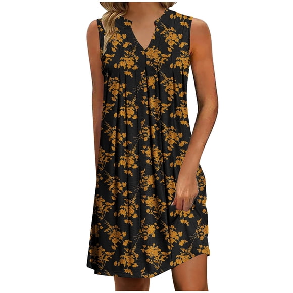 Women's Summer Sleeveless Dress, V‑Neck Casual Dress with Pockets, Lightweight Polyester Dress for Beach, Vacation, and Daily Wear