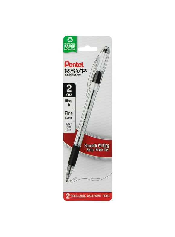 Pentel R.S.V.P. Ballpoint Pen, Fine Line, Black Ink, 2 Each per pack, for Adults, Teens, Children and Seniors
