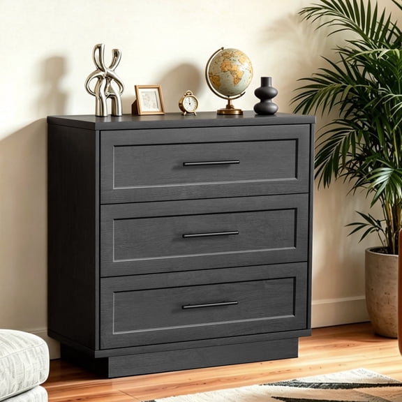 31.5" Wide 3-Drawer Nightstand, Oversized Modern Bedside Table with Storage, Large Wooden Side End Table for Bedroom, Living Room, Black Grey