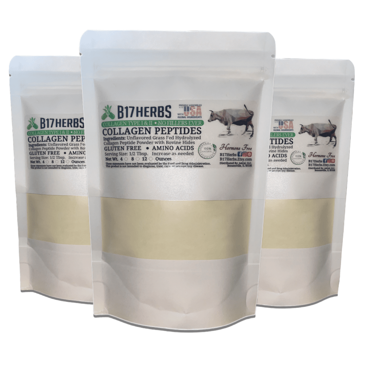 Collagen Peptide Powder | Grass Fed | Bovine | Type I & III | Protein | Amino Acids | Joints | Hair | Skin | Teeth | Smoothies | B17 Herbs Bulk Purchase