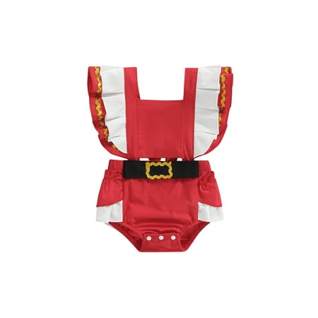

Sunisery Baby Girls Christmas Romper Outfit Ruffle Sleeve Backless Elastic Waist Belted Romper Jumpsuit Playsuit Xmas Clothes