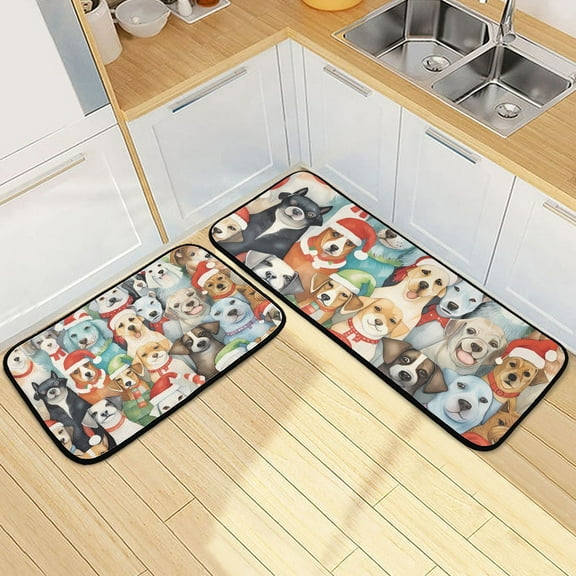 Christmas with Dogs Kitchen Rugs Set of 2 Non Slip Floor Foam Mat Cushioned Soft Waterproof Carpet Runner for Dining Room Laundry
