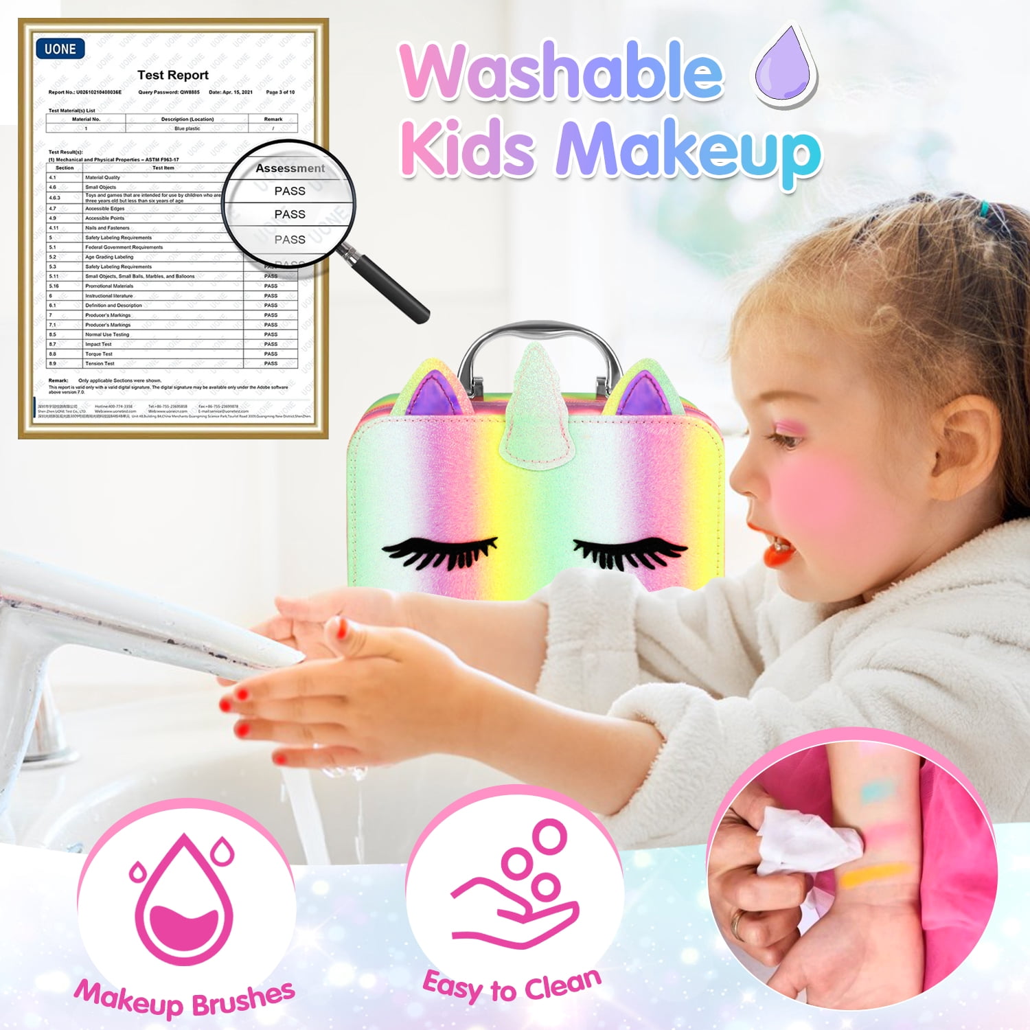 UQN Girls Makeup Kit with Unicorn Makeup Bag, Little Girls Makeup Kit for Kids 4-8-12 Toys, Pretend Princess Christmas/Birthday Gift for Kids Toddlers 4 5 6 7 8 9+ Years
