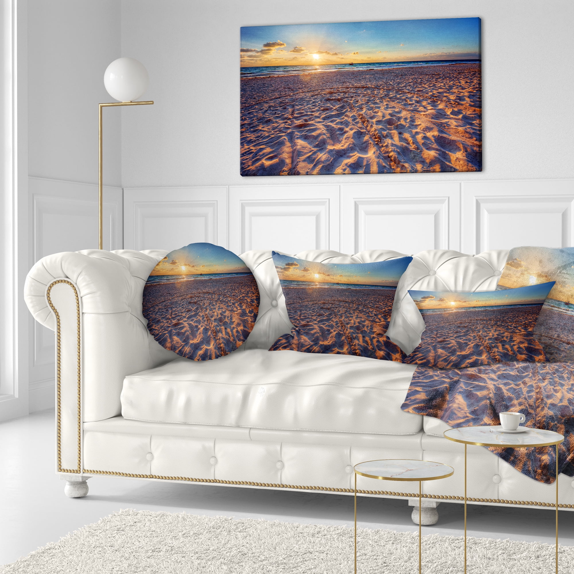 Designart Trodden Sandy Beach at Sunset - Seashore Throw Pillow - 12x20