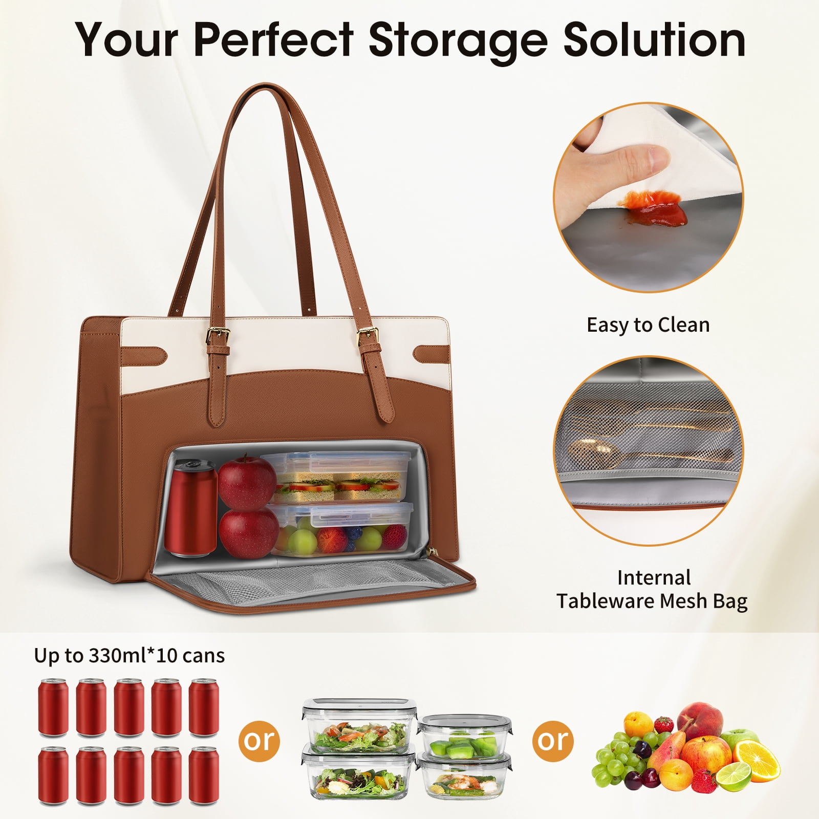 RAINSMORE 15.6 inch Lunch Tote Bag for Women Laptop Bags with Insulated Lunch Compartment Teacher Work Bag for Office Travel,BrownWhite