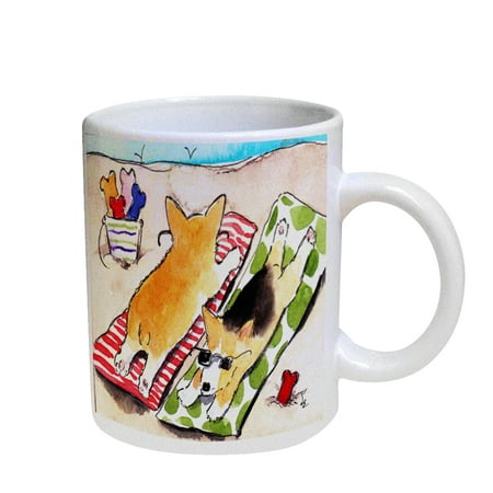 

KuzmarK Coffee Cup Mug Pearl Iridescent White - Beach Corgis Welsh Corgi Dog Art by Denise Every