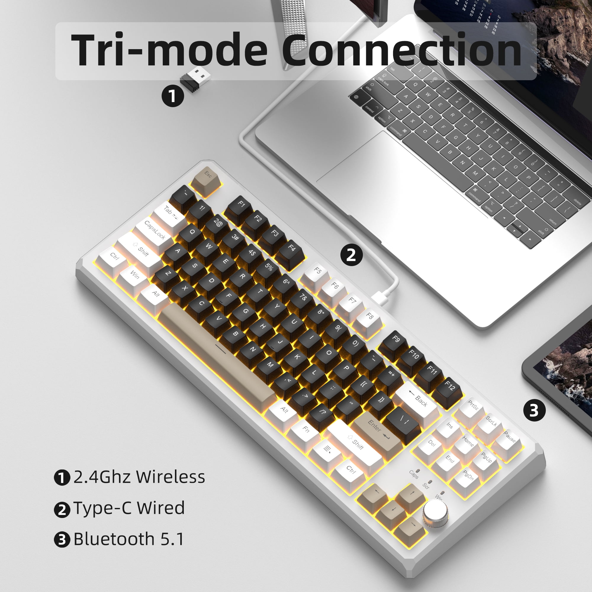 MageGee SKY87 Mechanical Wireless Keyboard Gasket 2.4G/USB/Bluetooth Rgb Pbt Side-Printed Hot Swap Custom Keyboard with Knob