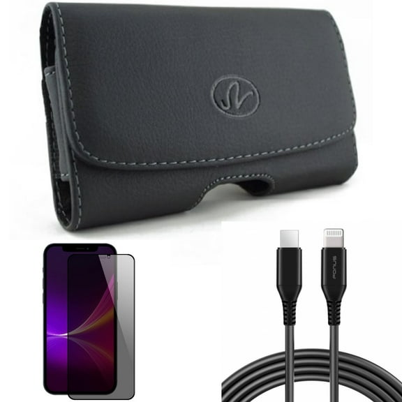 6ft PD Cable & Case Belt Clip & Privacy Screen Protector for iPhone 13 Pro Max ONLY - USB-C Fast Charger Long   Leather Swivel Holster   Tempered Glass Curved Anti-Spy Combo