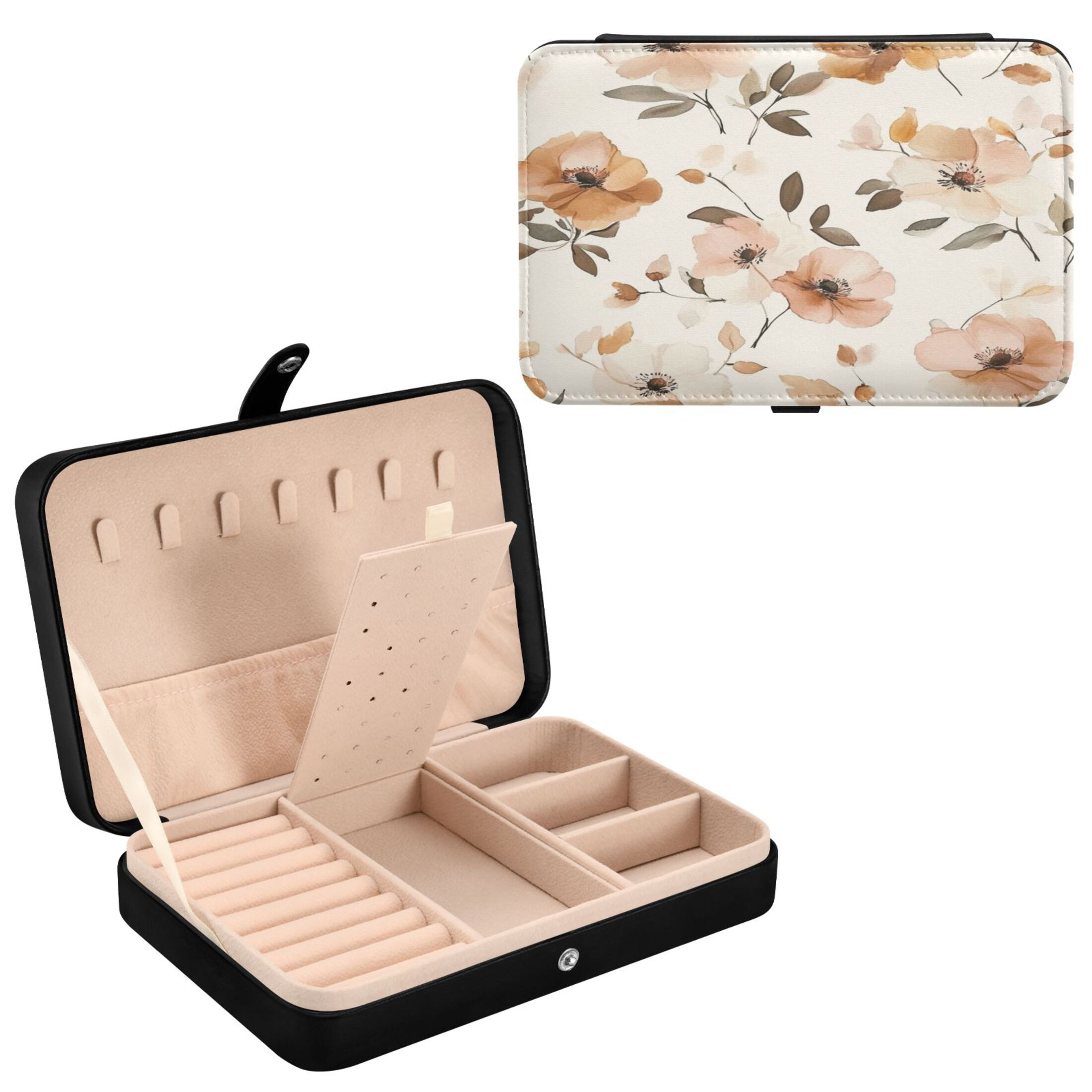 Leather Jewelry Box Rectangular 8.27x5.5x1.78In Travel Jewelry Storage Earrings Necklace Bracelet Watch Brooch Storage Super Cute Orange Flower