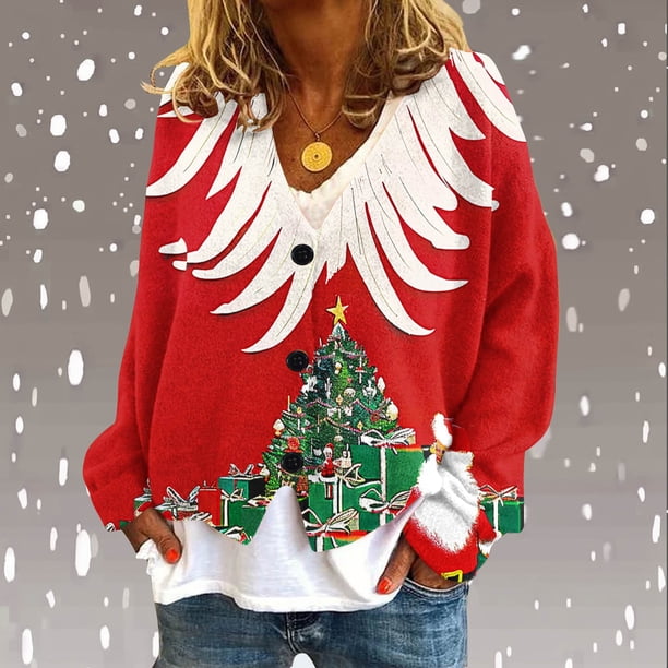 Cárdigan informal con estampado navideño para mujer, chaqueta con botones, blusa de poliéster