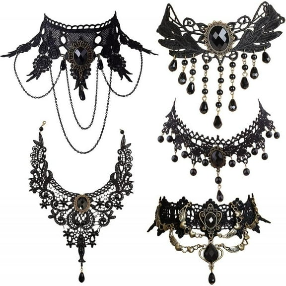 Top-kevin 5 Pieces/Set Halloween Sexy Jewelry Women Lady Elegant Goth Gothic Steampunk Lace Choker Necklace Black Neck Chain Collar Statement with pendant Victorian Wedding Party Cosplay