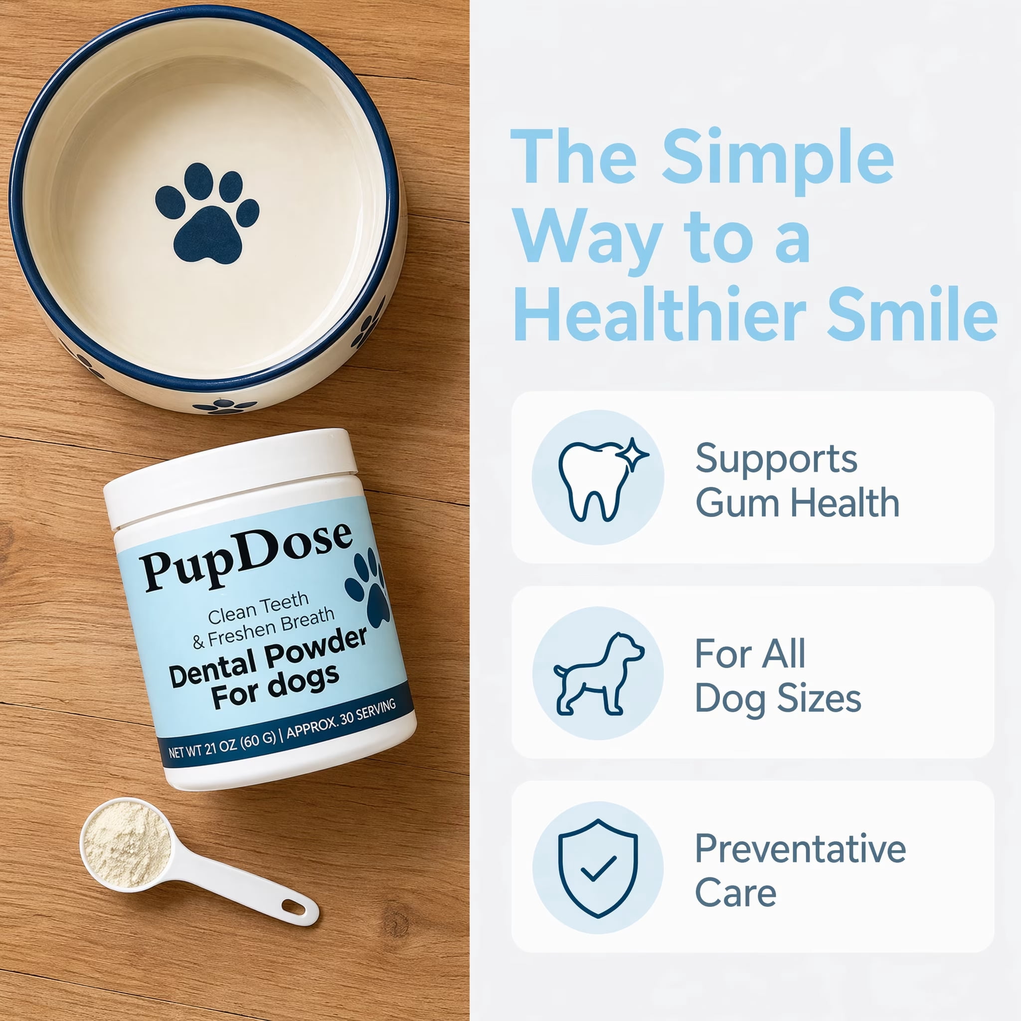 Dog Dental Powder, Teeth Cleaning & Tartar Removal Supplement, Fresh Breath Oral Care for Dogs, Gum Health Support, Easy Mix Food Additive for Small Medium Large Dogs (2PC)
