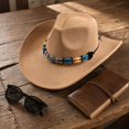 thumbnail image 3 of Wide Brim Western Cowboy Hat for Adults Structured Pinch Front Crown Felt Style Hat with Beaded Hat Band for Costume, 3 of 6