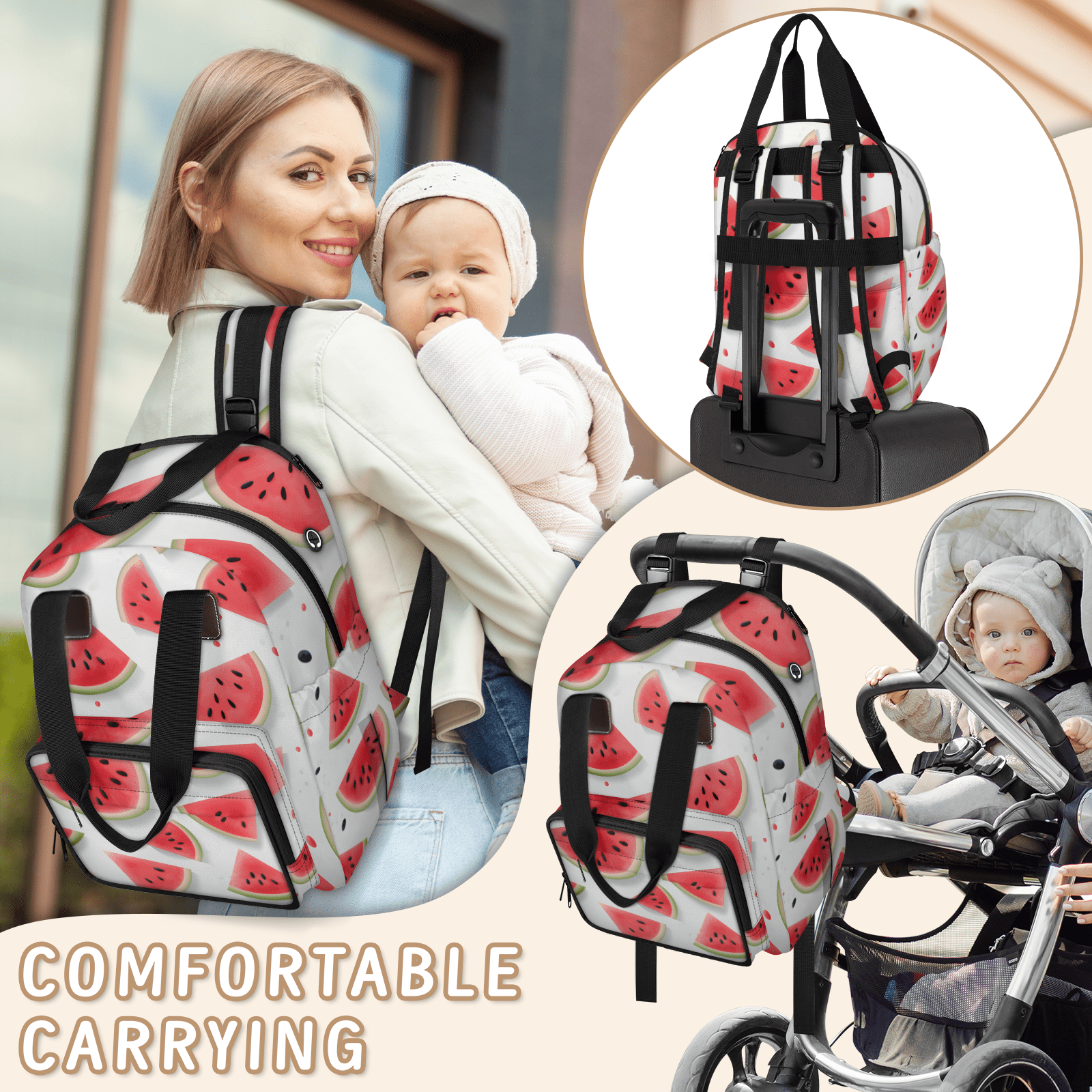 Sweet Watermelon Diaper Bag Backpack Baby Essentials Travel Tote Bag with Insulated Pockets Multi-functional Diaper Bags Organizer Bag for Women Men