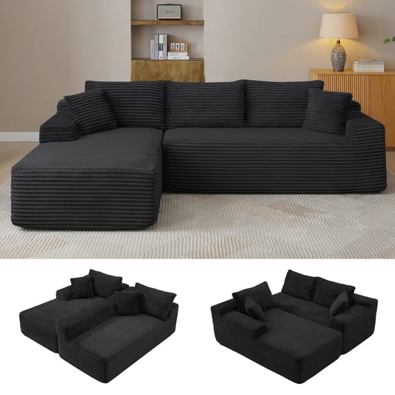 106” Cloud Sectional Couch, Compressed Modular Sectional Sofa with Deep Seat, 3-Seat Corduroy Boneless Couche, L-Shaped Sectional Couches for Living Room, Left Facing Chaise, Black