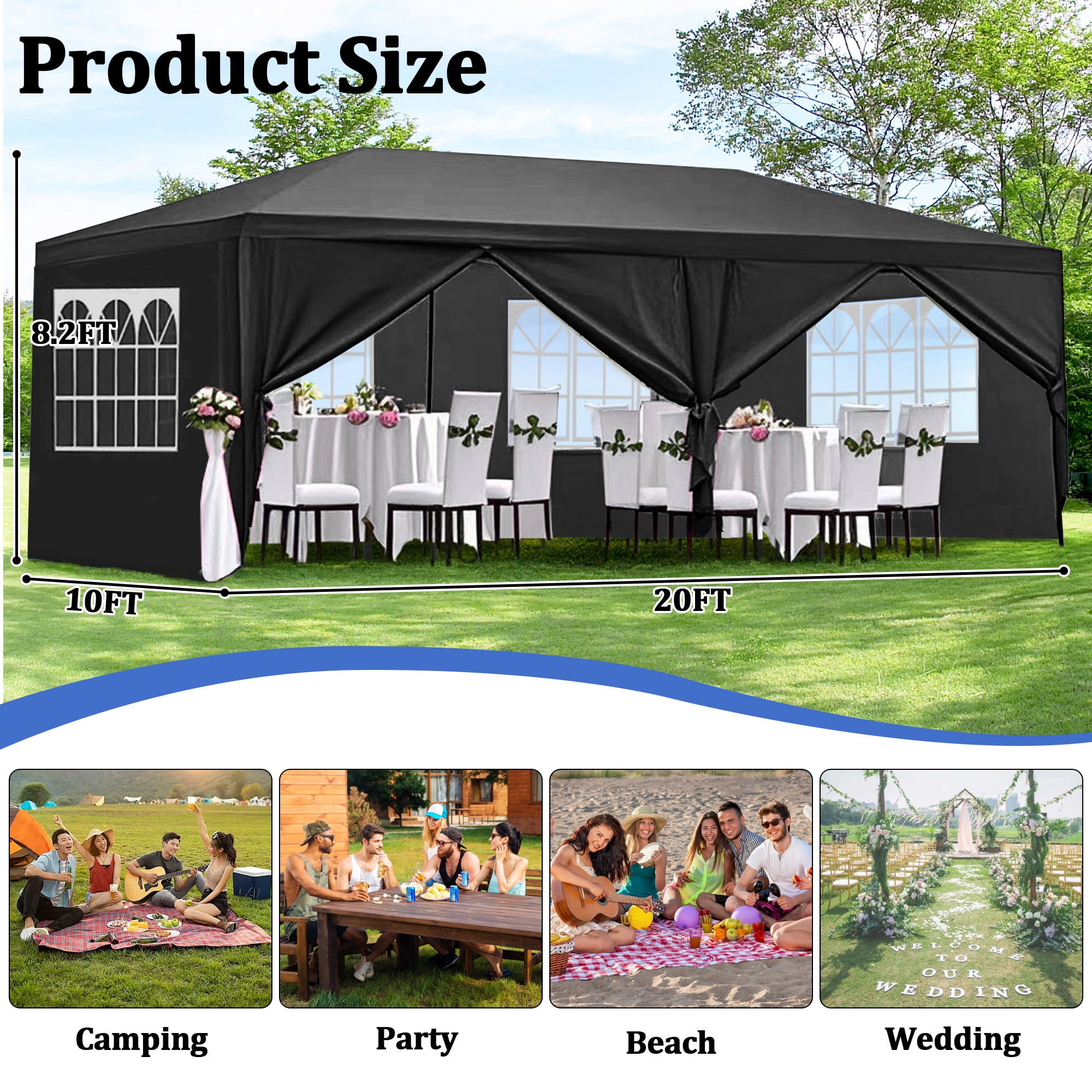 10x20' Wedding Party Canopy Tent Outdoor Gazebo with 6 Removable Sidewalls,Black