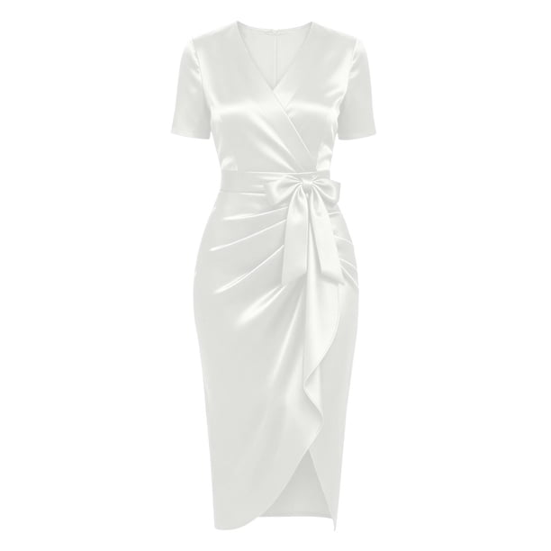 Women's V Neck Short Sleeve Bodycon Midi Dress, Solid Wrap Ruched Tie Bow Side Slit Cocktail Party Summer Dress White S(S)