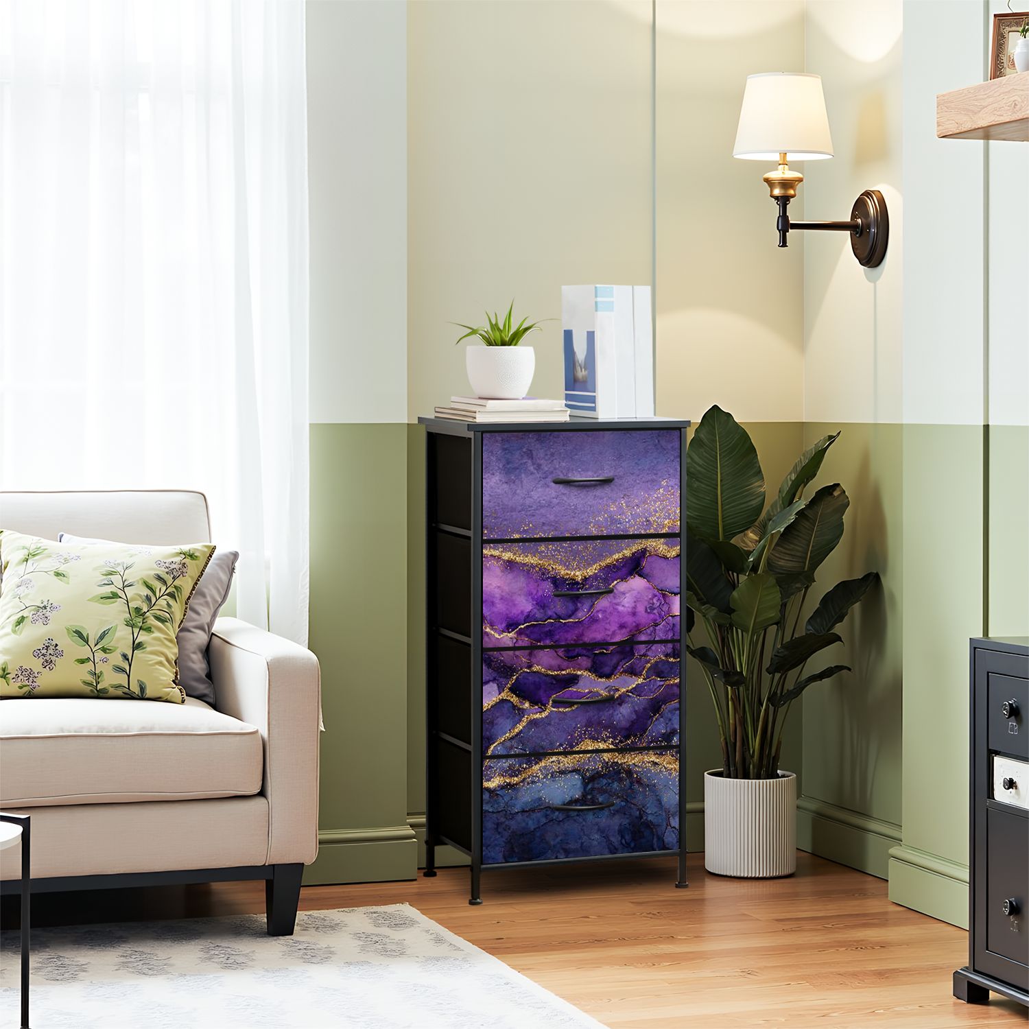 Boho Dresser for Bedroom with 4 Storage Drawers abstract marbling purple marble golden veins fake painted Dressers Chest of Drawers Steel Framed Fabric Closet Organizers for Entryway