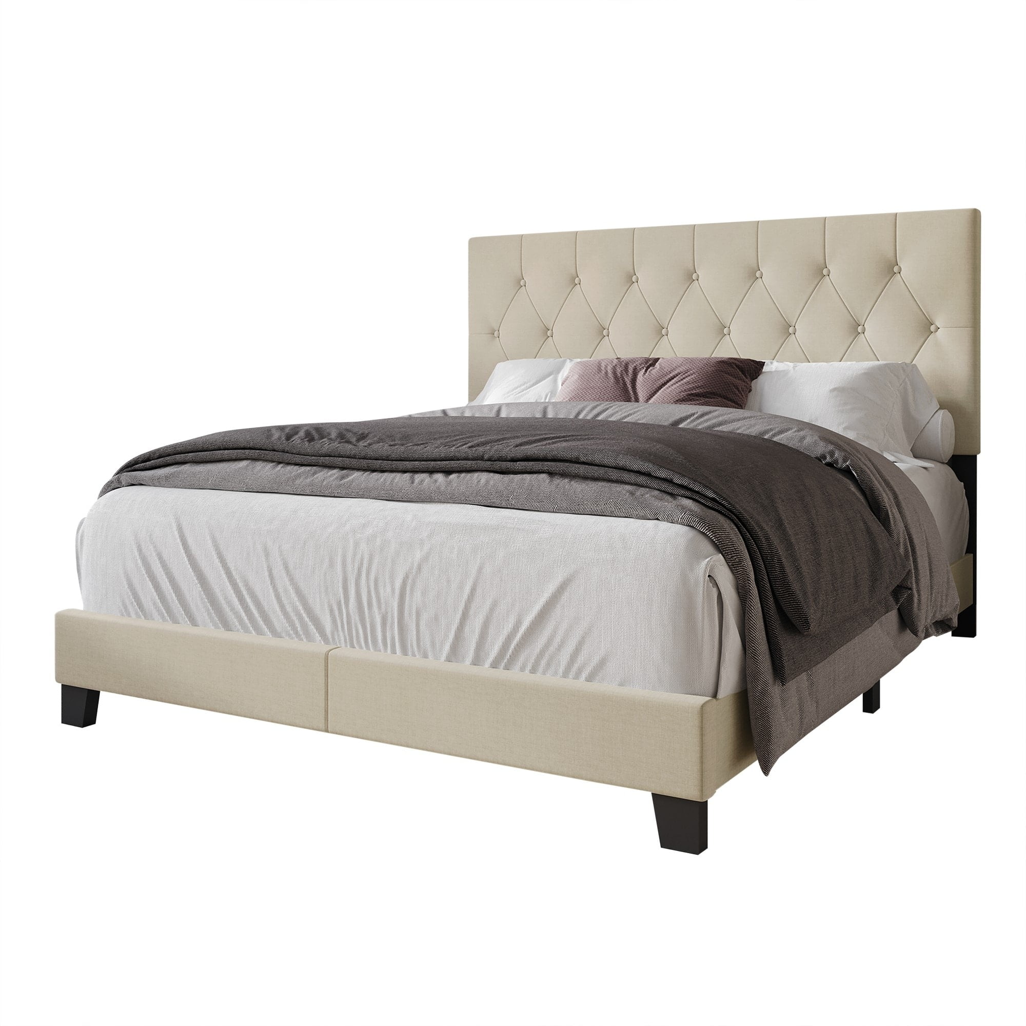 Home Design Dillon King Tufted Upholstered Panel Bed Frame with Button Tufting and Foam-Filled Headboard, Beige, Easy Assembly