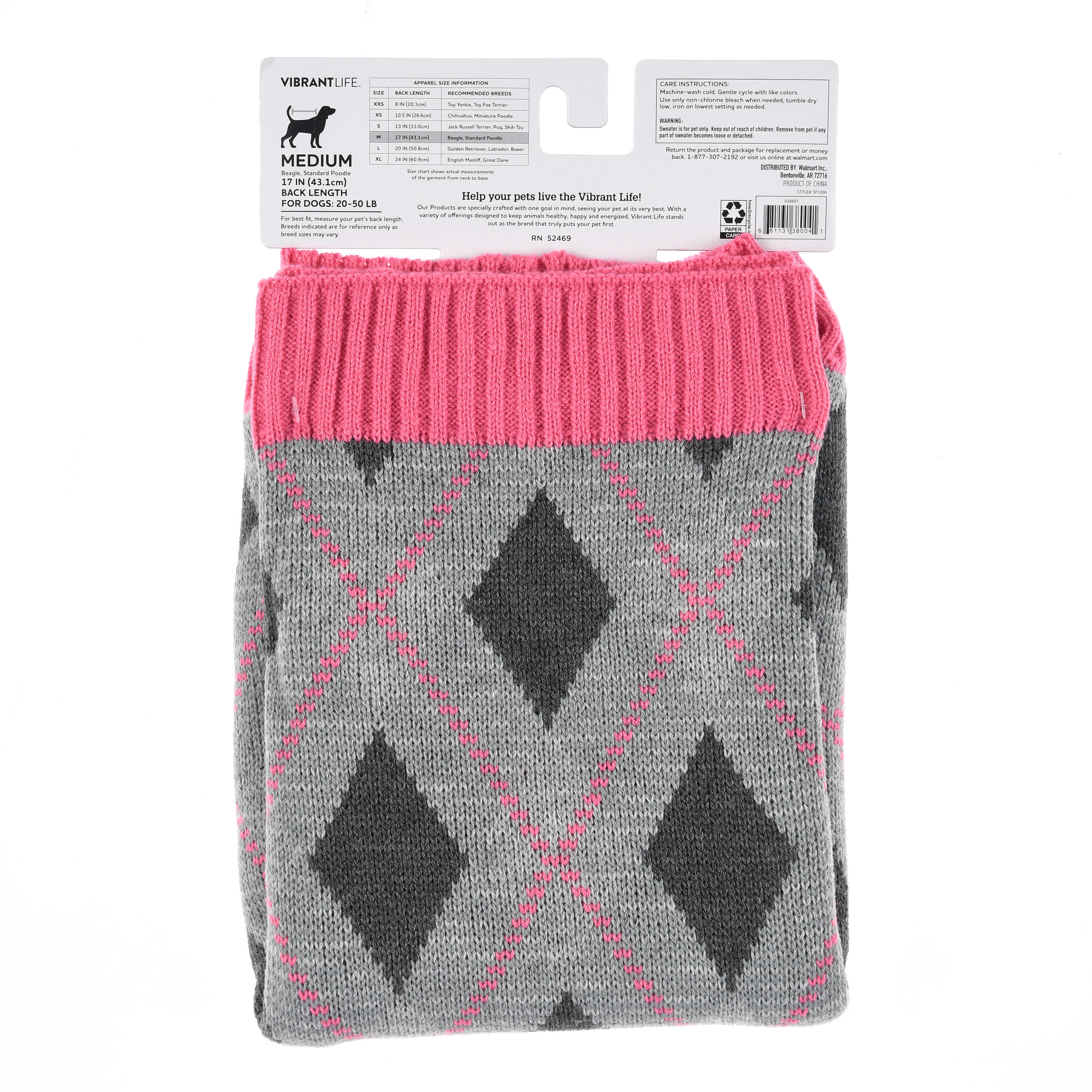 Vibrant Life Pastel Pink Argyle Dog Sweater, XS