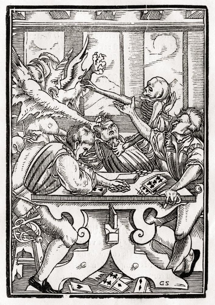 Death And The Devil Come For The Card Player Woodcut By Georg Scharffenberg After Hans Holbein The Younger From Der Todten Tanz Or The Dance Of Death Published Basel 1843 Canvas Art - Ken Welsh Desig