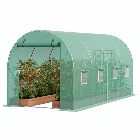 Garvee Tunnel Walk-In Greenhouse, 15 x 6.5 x 6.5 ft, Galvanized Steel Frame, 8 Vents & Roll-up Door