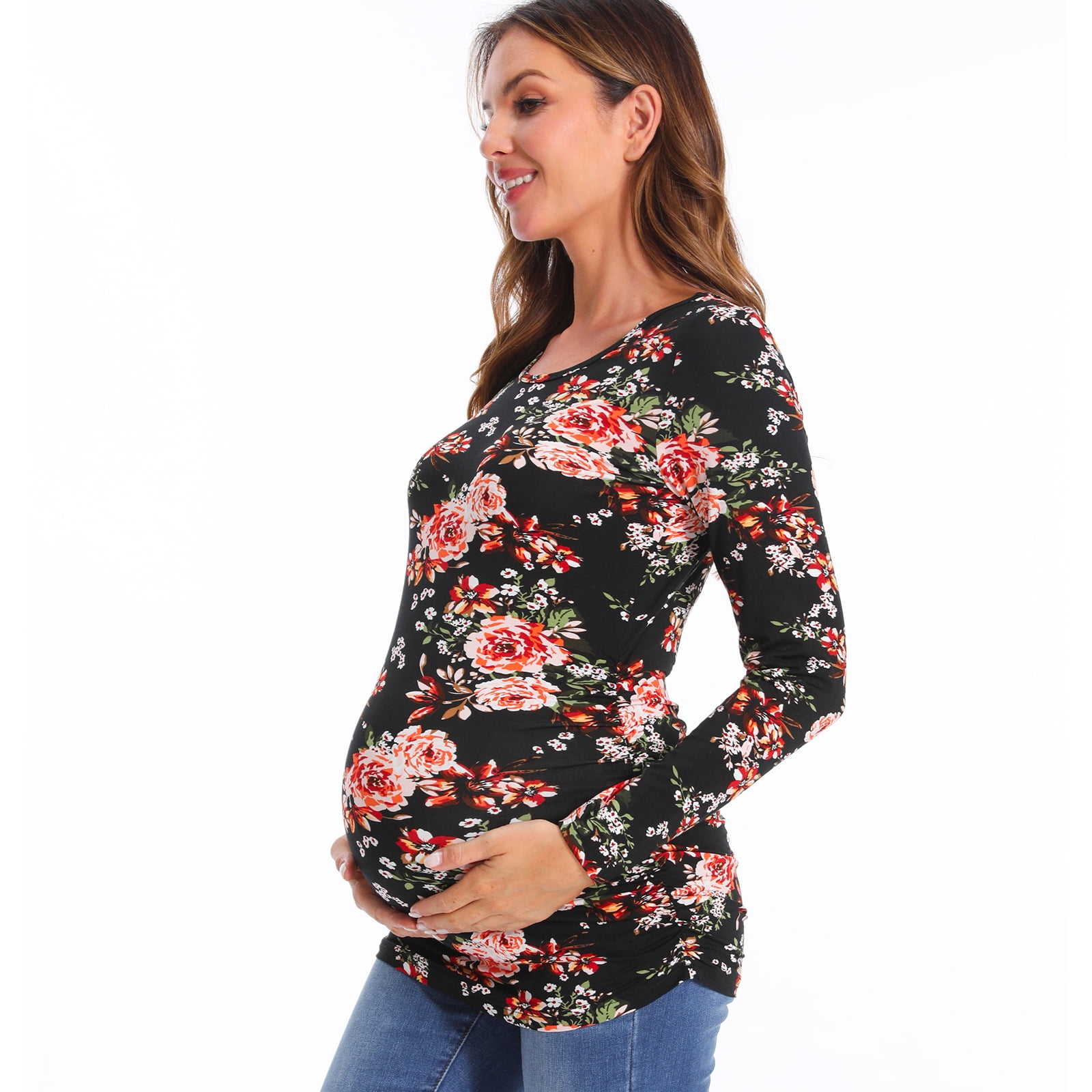 Bearsland Women's Long Sleeve Maternity Shirts Casual Tunic Side Ruched Tops Pregnancy Clothes 3-Pack
