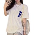 thumbnail image 4 of Las mujeres de manga corta Top cuello redondo carta bordado elegante versátil suelta verano media manga camiseta, 4 of 8