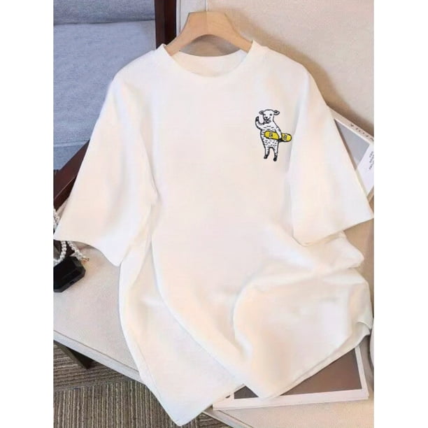 Women's Pure Cotton Short Sleeve T-Shirt with Playful Cartoon Dog & Honey Pot Print - Loose Fit Round Neck Casual Top, Breathable All-Season Machine Washable Tee for Casual Attire, Soft Texture S