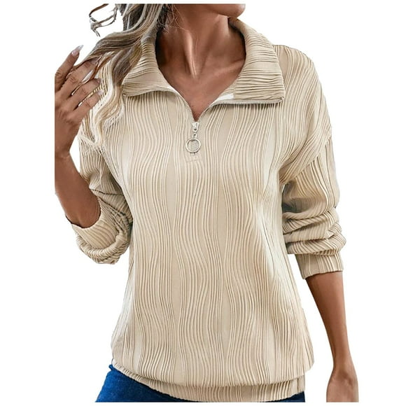 Bmisegm Women's Casual Half Zip Sweatshirts Long Sleeve Solid Color Textured Tops Pullover Jackets Thermal Underwear for Women Khaki M