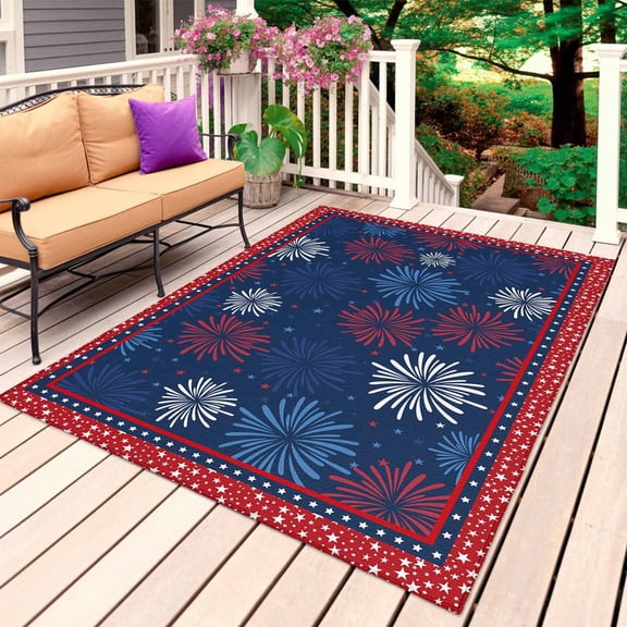 Independence Day Outdoor Rug for Patio/Deck/Porch, Non-Slip Large Area Rug 5 x 8 Ft, Red Blue Fireworks Stars Flag Day Indoor Outdoor Rugs Washable Area Rugs, Reversible Camping Rug Carpet Runner