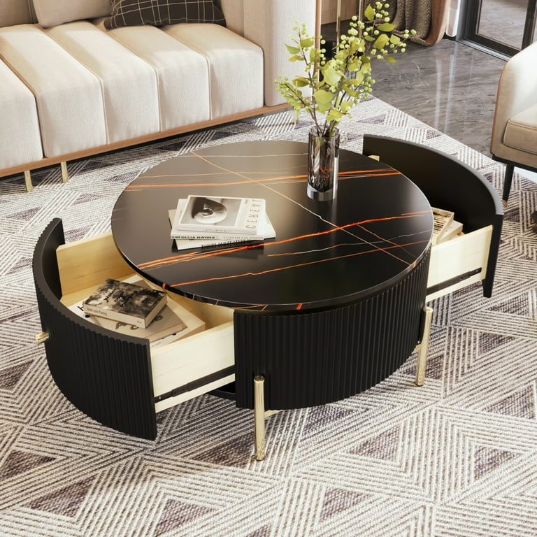 31.5 Round Coffee Table with Storage Modern Round Coffee Table with 2 Large Drawers Storage Accent Table Round White End Table for Living Room Black Walmart