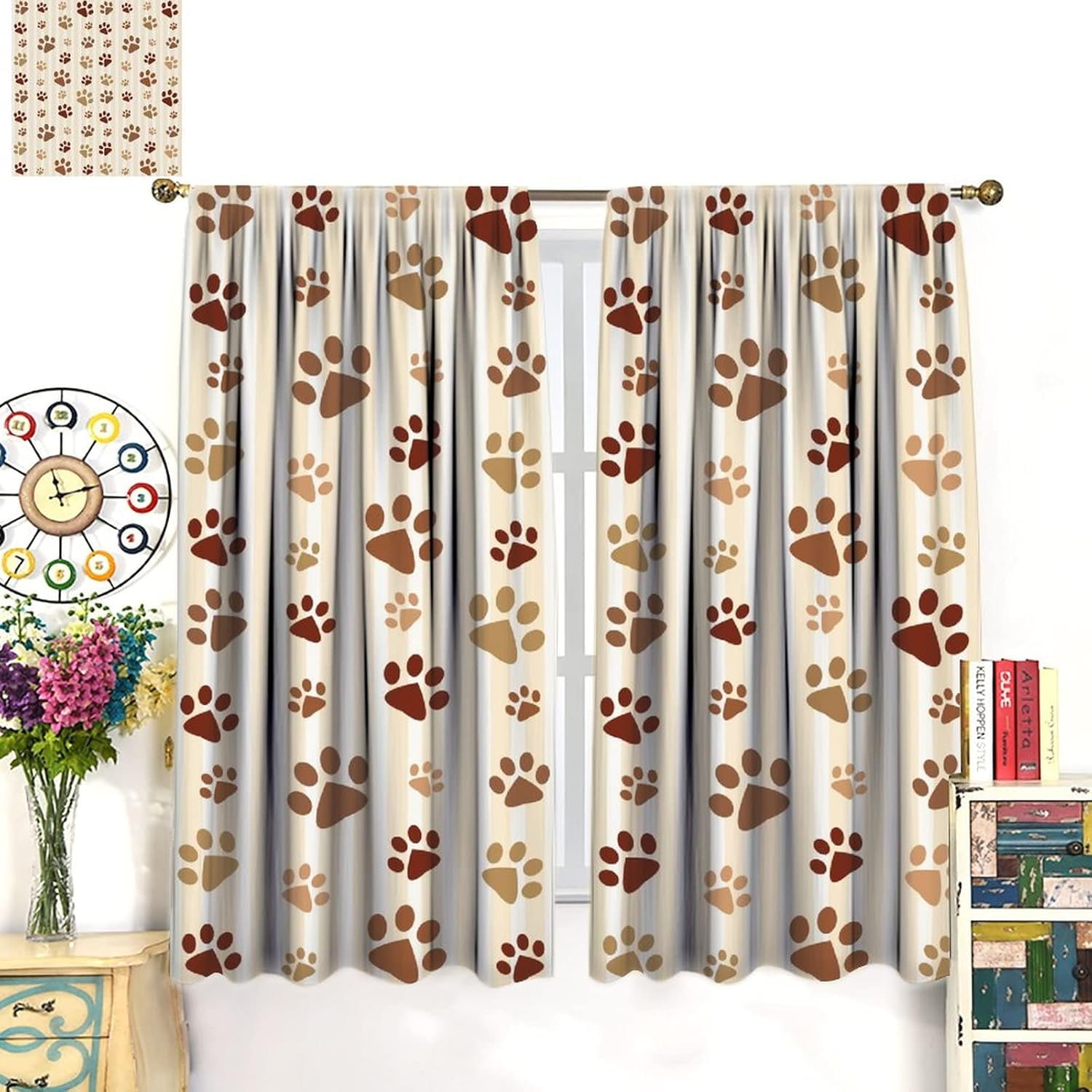 Dog Paw Print Curtains Cartoon Boho Dog Paw Print Bones Rod Pocket Blackout Window Treatment for Kids Girls Bedroom Children''s Room Kitchen Home Decor Art Printed Window Drapes 52x84in