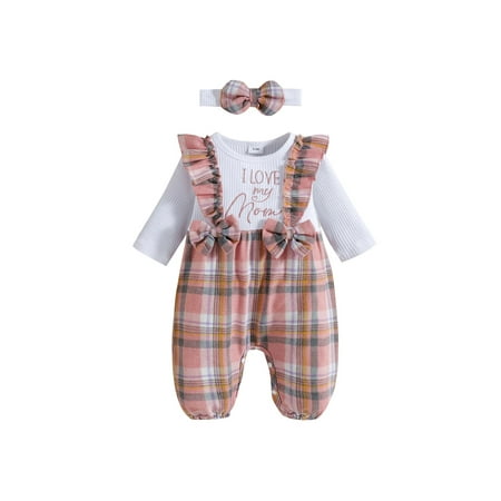 

Gzhioc Baby Girl s Long Sleeves Romper Stitching Fake Two-piece Design Checkered Long-leg Jumpsuit Bow-knot Hairband