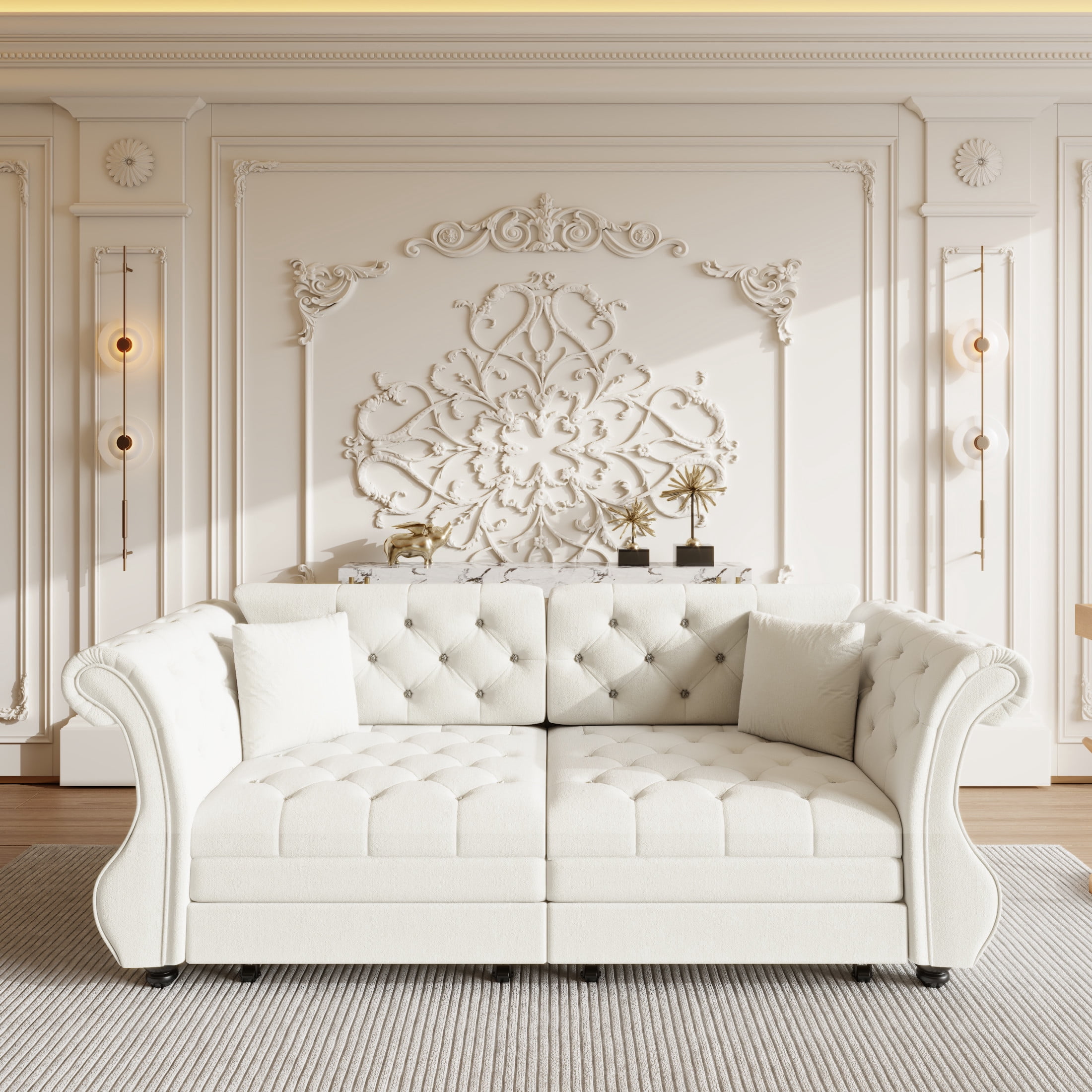 Noble House Wesley Oversized Velvet Chesterfield Pull Out Sofa Bed, Flower Tufted Roll Arm Sleeper Couch, Beige White