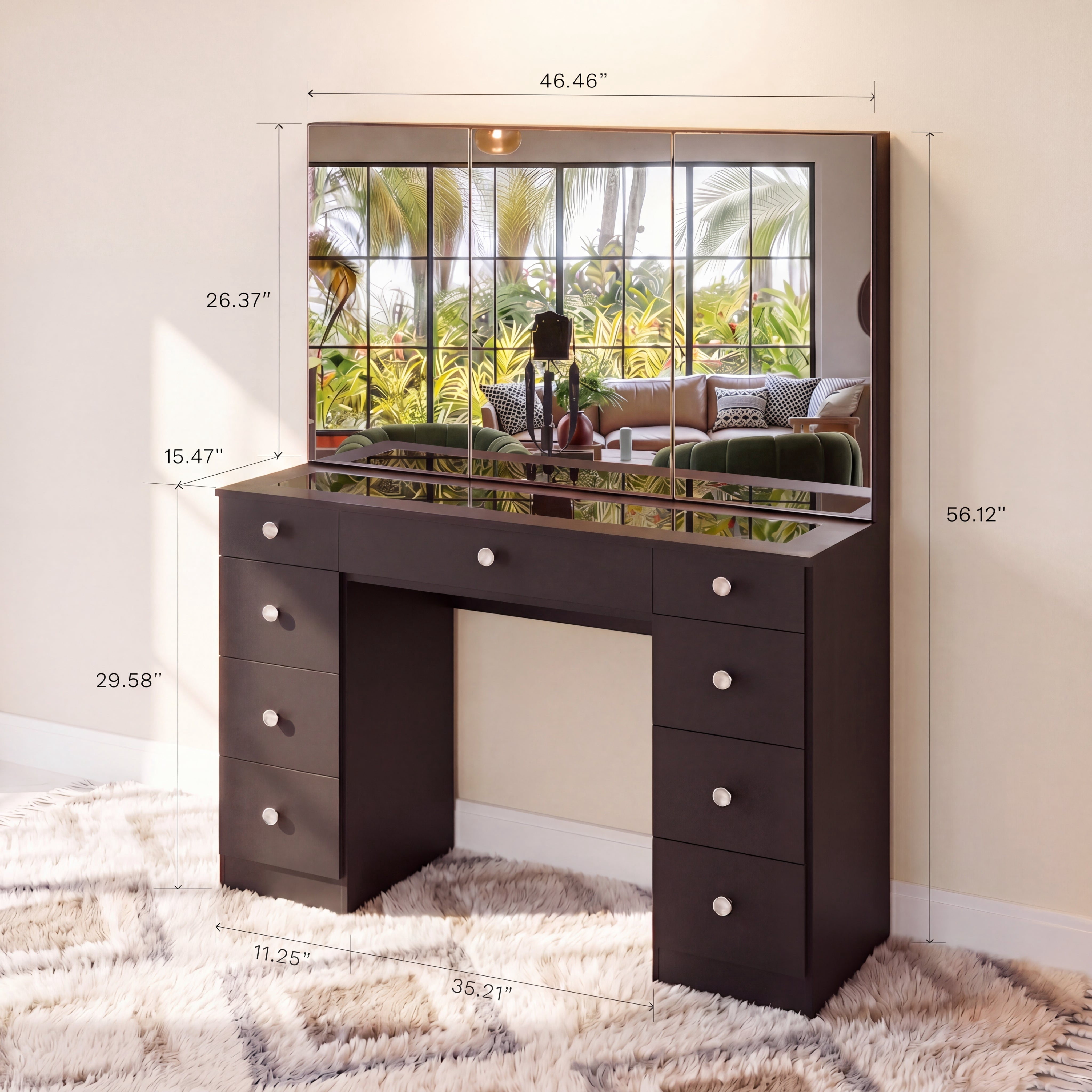 Ember Interiors Pro Black Makeup Vanity Desk with Glass Top, 10 Bulb Light Mirror, and Storage Cabinets